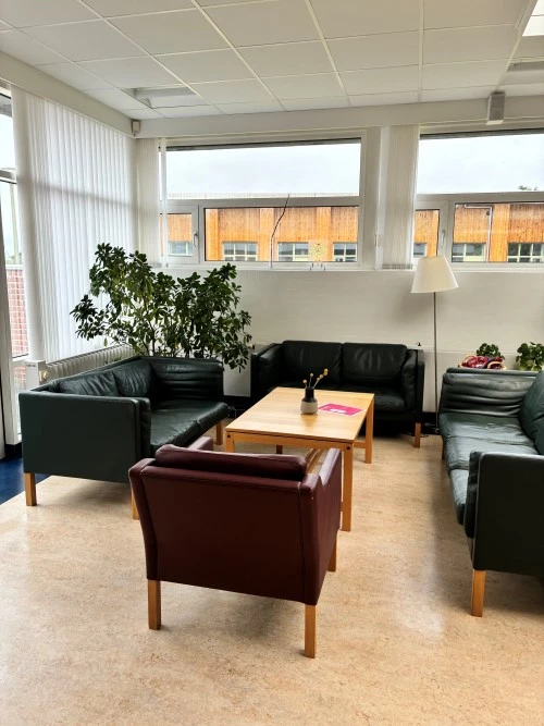 Opholdsstue med tre sofaer, et bord og en lænestol